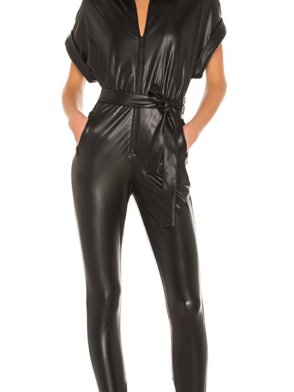 NBD Reckless Jumpsuit Black Vegan Leather Tie Waist Revolve Sz Small